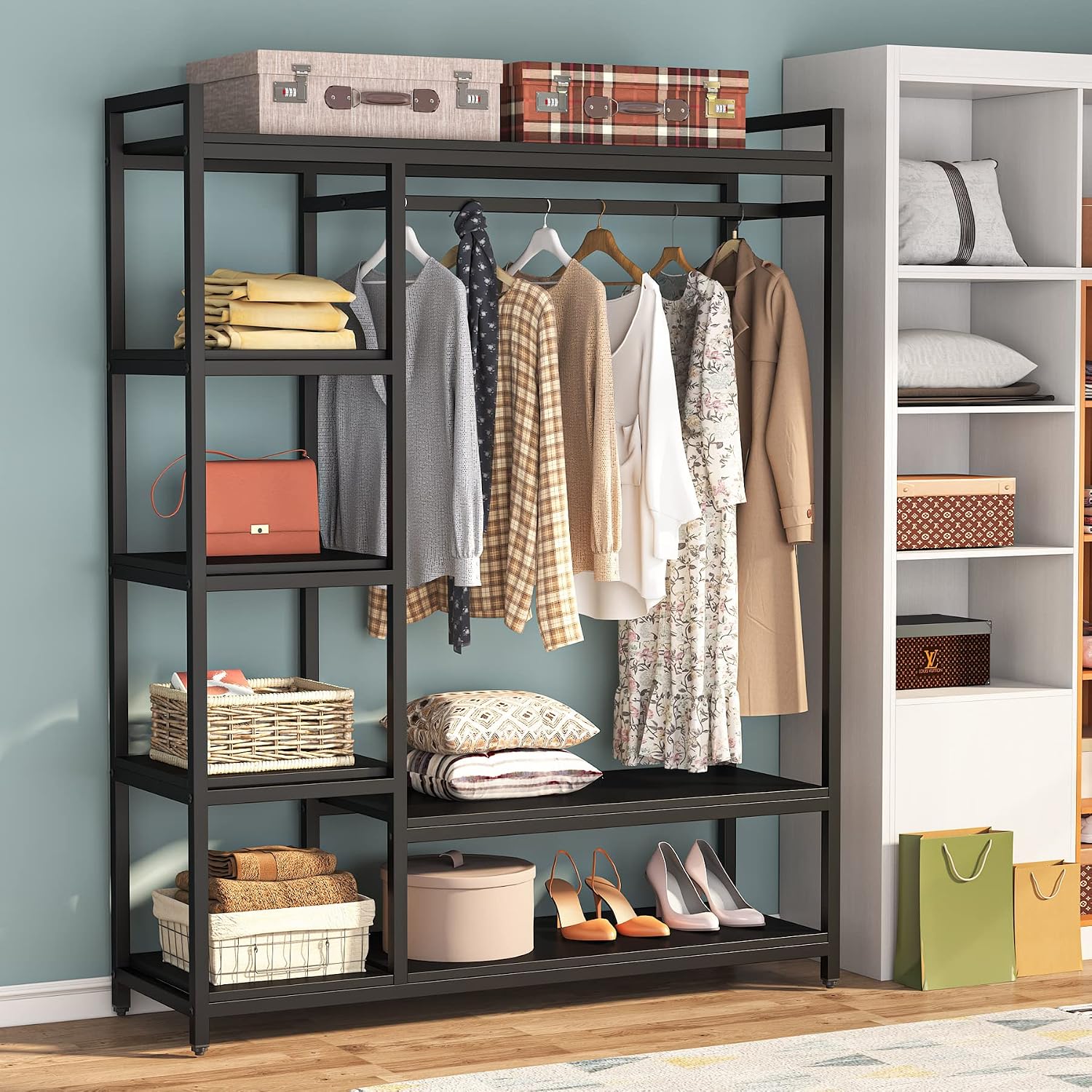 LITTLE TREE Free Standing Wood Closet Clothes Rack,Heavy Duty Grament Rack with Shelves,Hanging Racks for Clothes Clothing Rack for Bedrom,Wardrobe Closet Organizer,350 lb Capacity,Black