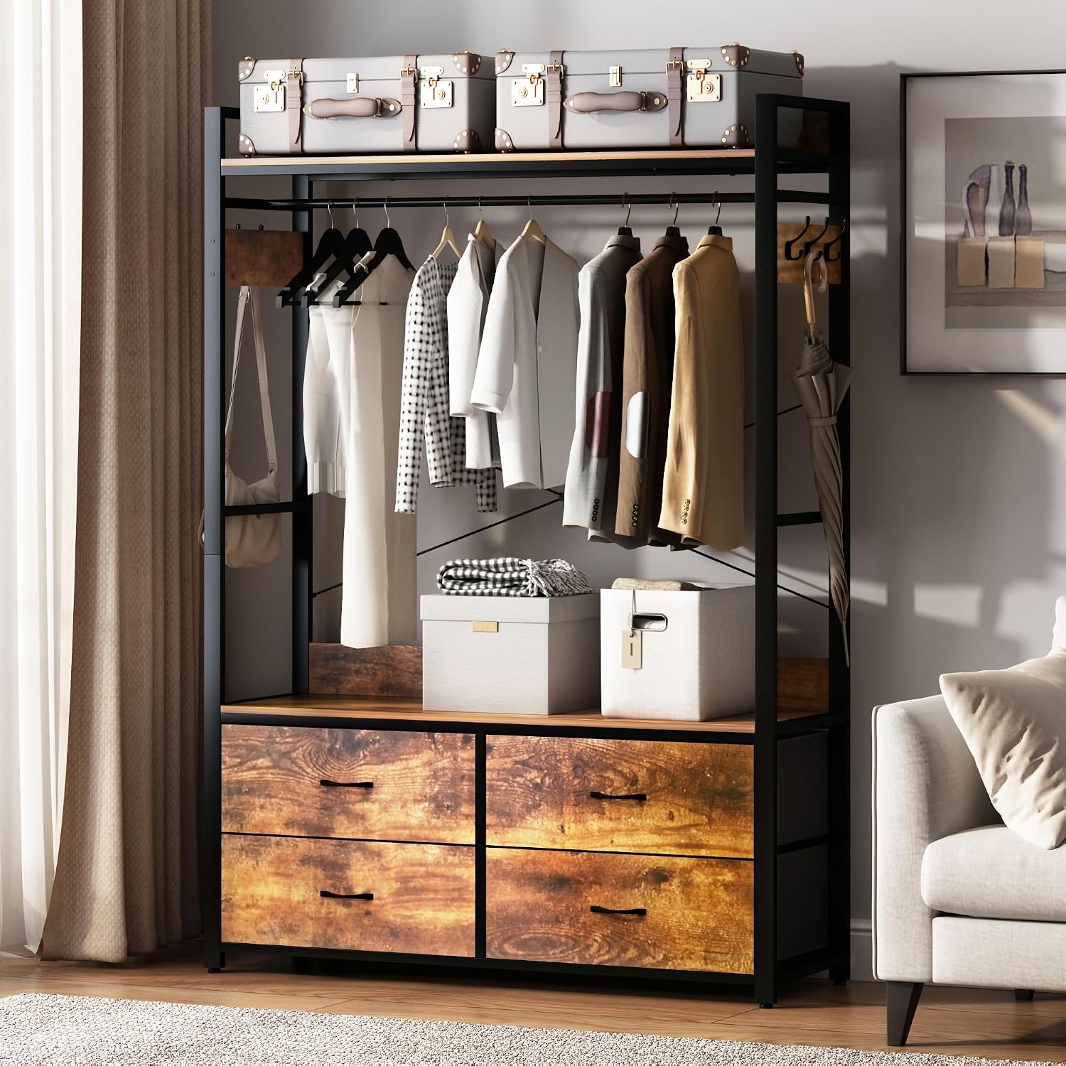 Clothes Rack with Drawers,Garment Rack with Shelves and Hanging Rod,Industrial Clothing Rack with bag storage,Freestanding Closet Organizer System for Storing Clothes,Shoes,bags, hats