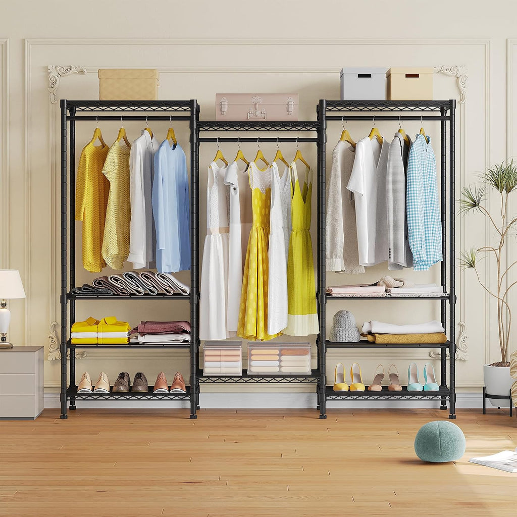 Higeego H12 Heavy Duty Clothes Rack with Adjustable 5-Tier Shoe Rack, Freestanding Clothing Racks for Hanging Clothes, Metal Shoe Organizer Large Closet Racks, 15.7' D x 68.7' W x 76.4' H, Black