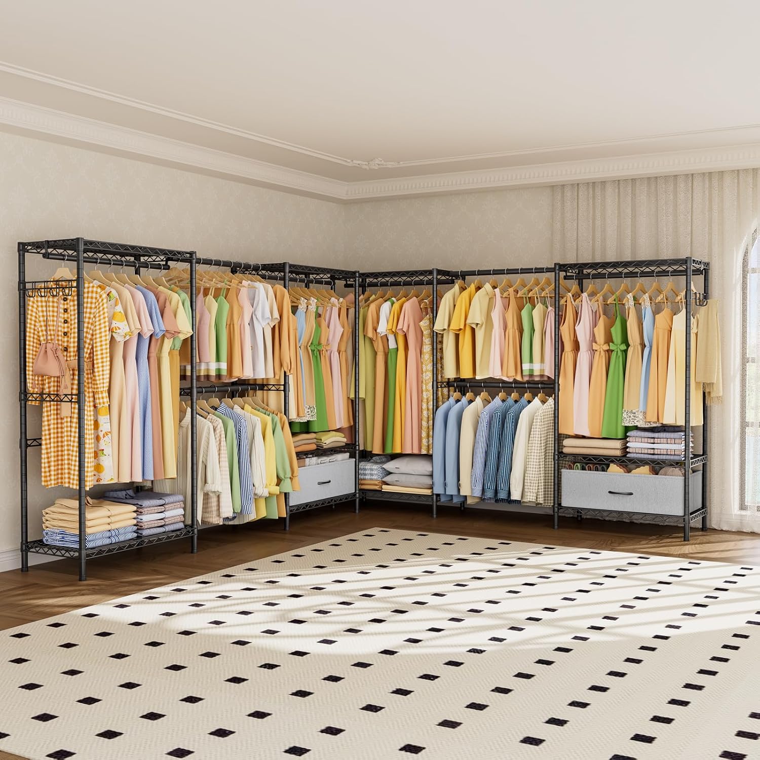 Golpart Coat Rack Clothes Wardrobe：Closet Organizer and Storage Clothing Garment Rack with Shelves Heavy Duty for Hanging Clothes Portable Adjustable Black 15.8' DX(70-88)' WX76.5 H