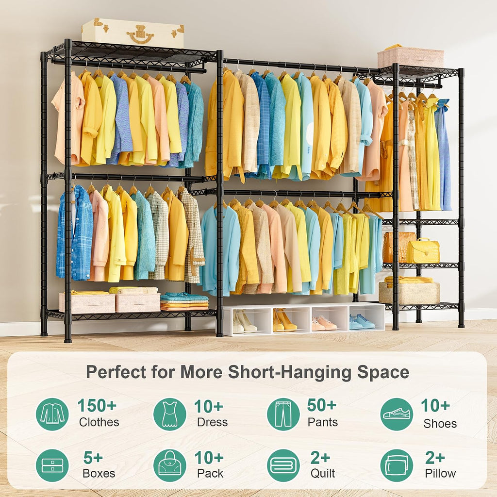 SEMHOR E01 Expandable Heavy Duty Clothes Rack, Free Standing Closet System Organizer, Adjustable Portable Carbon Steel Garment & Clothing Racks for Hanging Clothes (72.5-96'), 800LBS Max Load, Black