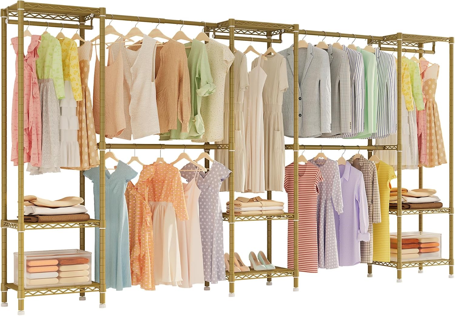 Higeego Large Clothes Rack, Clothing Rack for Hanging Clothes, Heavy Duty Garment Rack, Freestanding Wardrobe Closet with Extendable Hanger Rods, Width from 7.8 to 10.8 ft, H11 Gold
