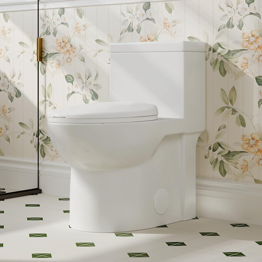 Eridanus One Piece Toilets for Bathroom, Elongated Toilet with Compact Soft Closing Seat, ADA Compliant 17' Toilet Bowl, 12' Rough in, Left Handle Powerful Flush 1.28GPF, Modern Ceramic Model 321S