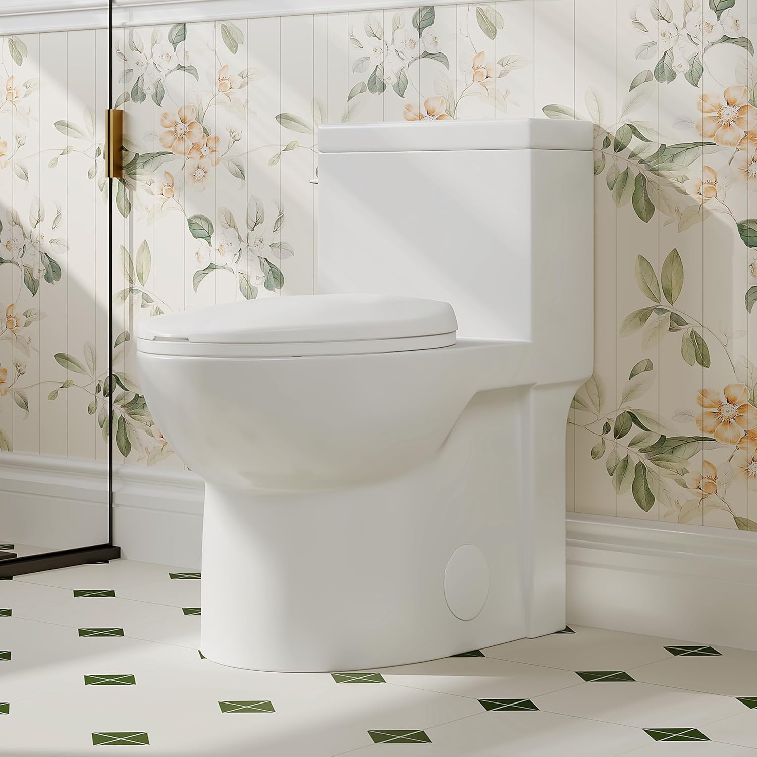 Eridanus One Piece Toilets for Bathroom, Elongated Toilet with Compact Soft Closing Seat, ADA Compliant 17' Toilet Bowl, 12' Rough in, Left Handle Powerful Flush 1.28GPF, Modern Ceramic Model 321S