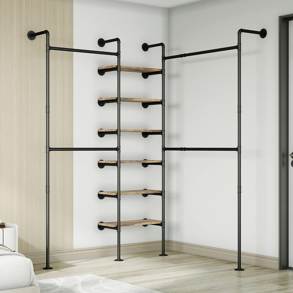 HKaikzo Wall Mounted Closet System 85' H×81' W, Industrial Pipe Clothing Rack for Walk-in Closet with 6 Shelves, Heavy Duty 200LBS Garment Rack, Color-Coded Assembly, 3 Layout Options, Black