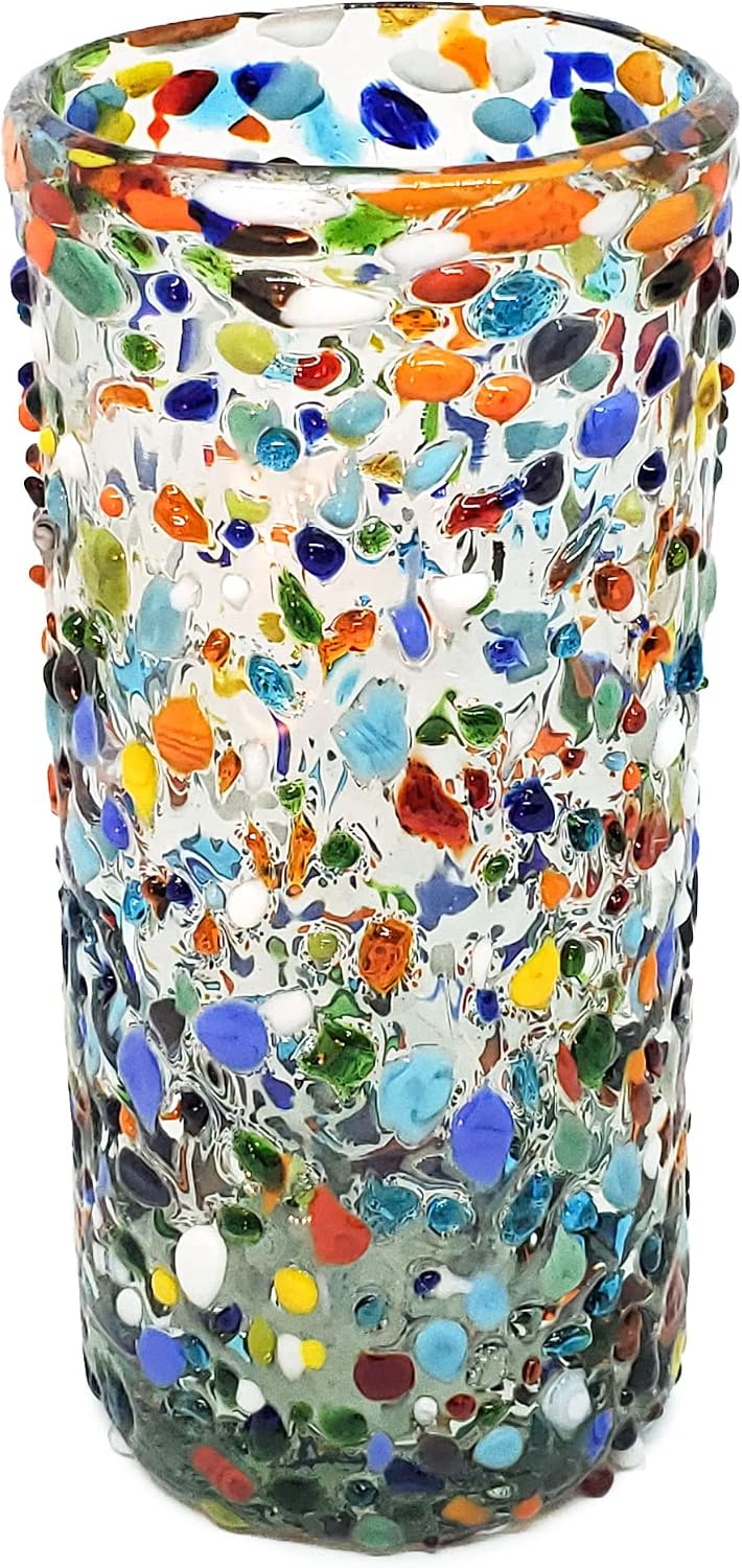 Confetti Rocks 20 oz Tall Iced Tea Glasses (set of 6) | Hand Blown Drinking Glasses, Multicolor Mexican Glassware Tumblers for Water, Juice, Margaritas & Cocktails | Lead-free, Toxin-Free
