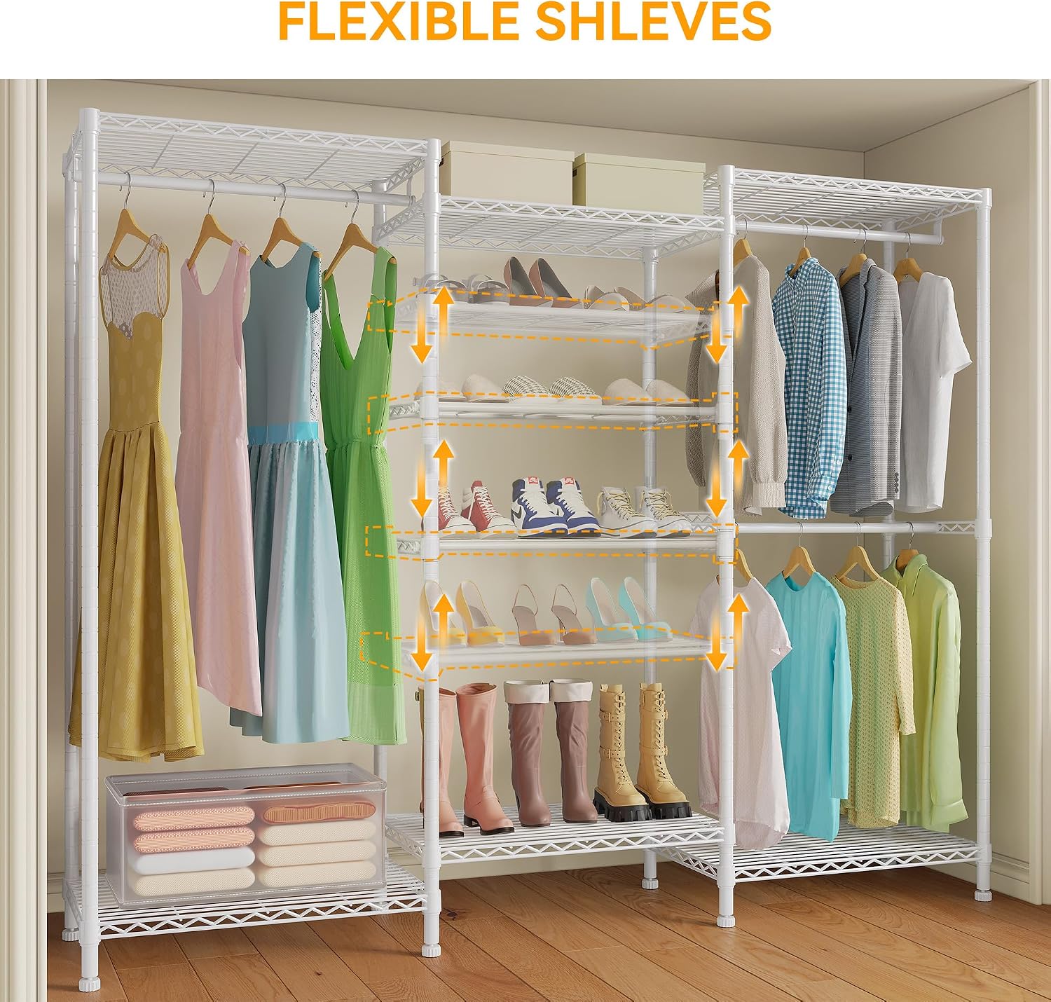 Higeego H12 Heavy Duty Clothes Rack with Adjustable 5-Tier Shoe Rack, Metal Clothing Racks for Hanging Clothes, Freestanding Shoe Organizer Large Garment Racks, 15.7' D x 68.7' W x 76.4' H, White