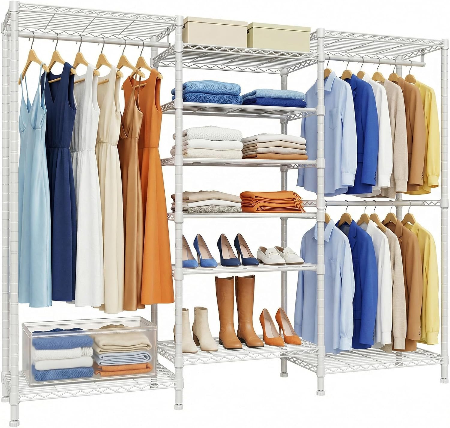 Higeego H12 Heavy Duty Clothes Rack with Adjustable 5-Tier Shoe Rack, Metal Clothing Racks for Hanging Clothes, Freestanding Shoe Organizer Large Garment Racks, 15.7' D x 68.7' W x 76.4' H, White