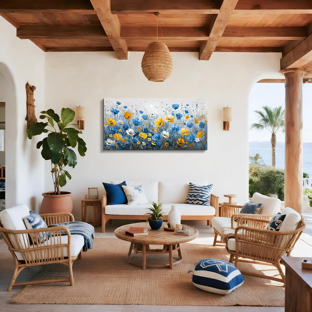 SERIMINO Extra Large Wall Art, Floral Wall Art, Nature Wall Decor, Boho Flower Market Prints, Blue Wildflowers Home Decorations, Aesthetic Pictures for Living Room Bedroom Dining Room Hallway 29'x57'