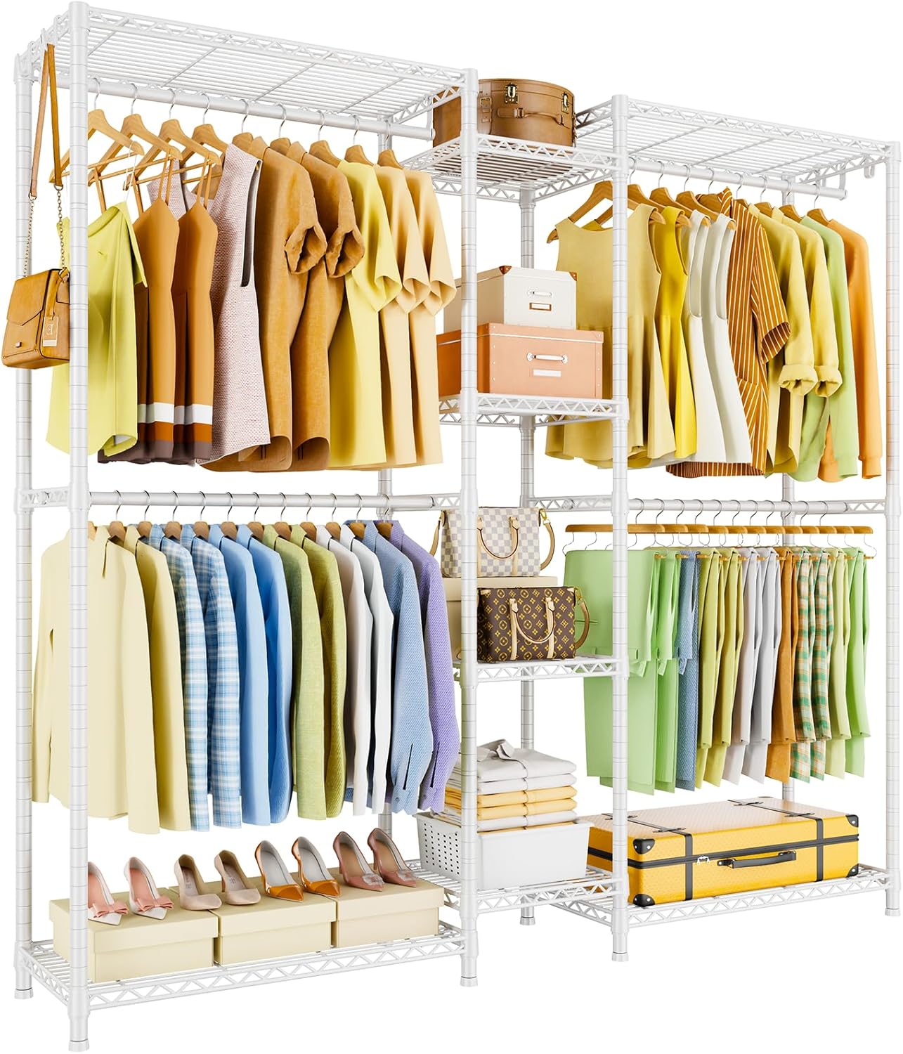 Ulif E4 Clothes Rack, Heavy-Duty Garment Rack, Metal Freestanding Clothing Organization Storage System Can Be L-shaped with Shelves and Hangers, Max Load 962lbs, 71.6' W x 14.5' D x 79.3' H, White