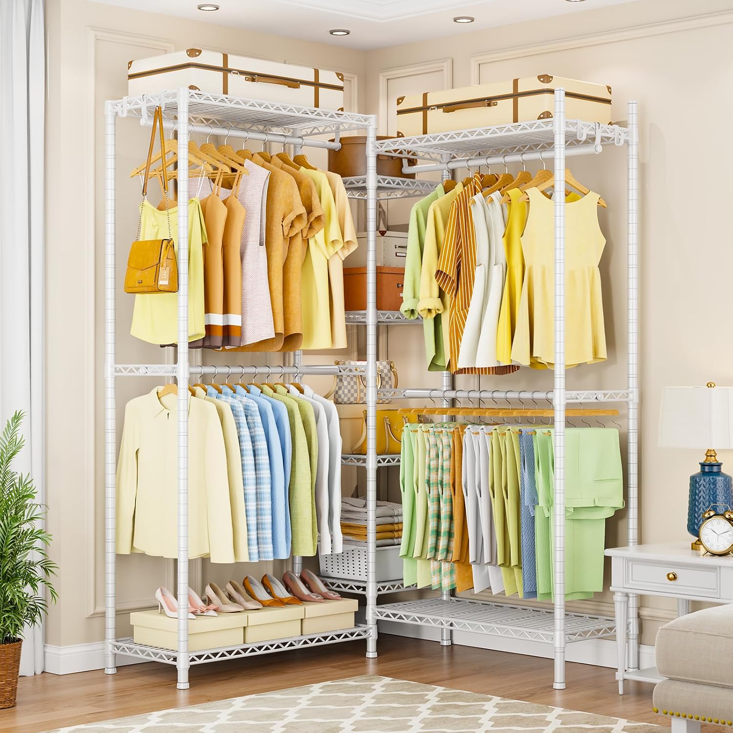 Ulif E4 Clothes Rack, Heavy-Duty Garment Rack, Metal Freestanding Clothing Organization Storage System Can Be L-shaped with Shelves and Hangers, Max Load 962lbs, 71.6' W x 14.5' D x 79.3' H, White