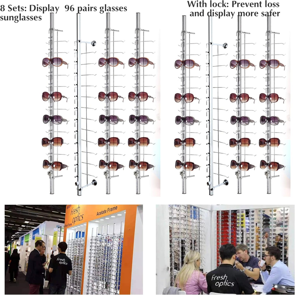 8 Set Retail Display 96 Pairs Glasses Sunglasses, Lockable Wall Mount Eyeglass Sunglasses Display Stand Holder Rack with Lock, Multiple Glasses Organizer Eyewear Display Hanging Sunglass