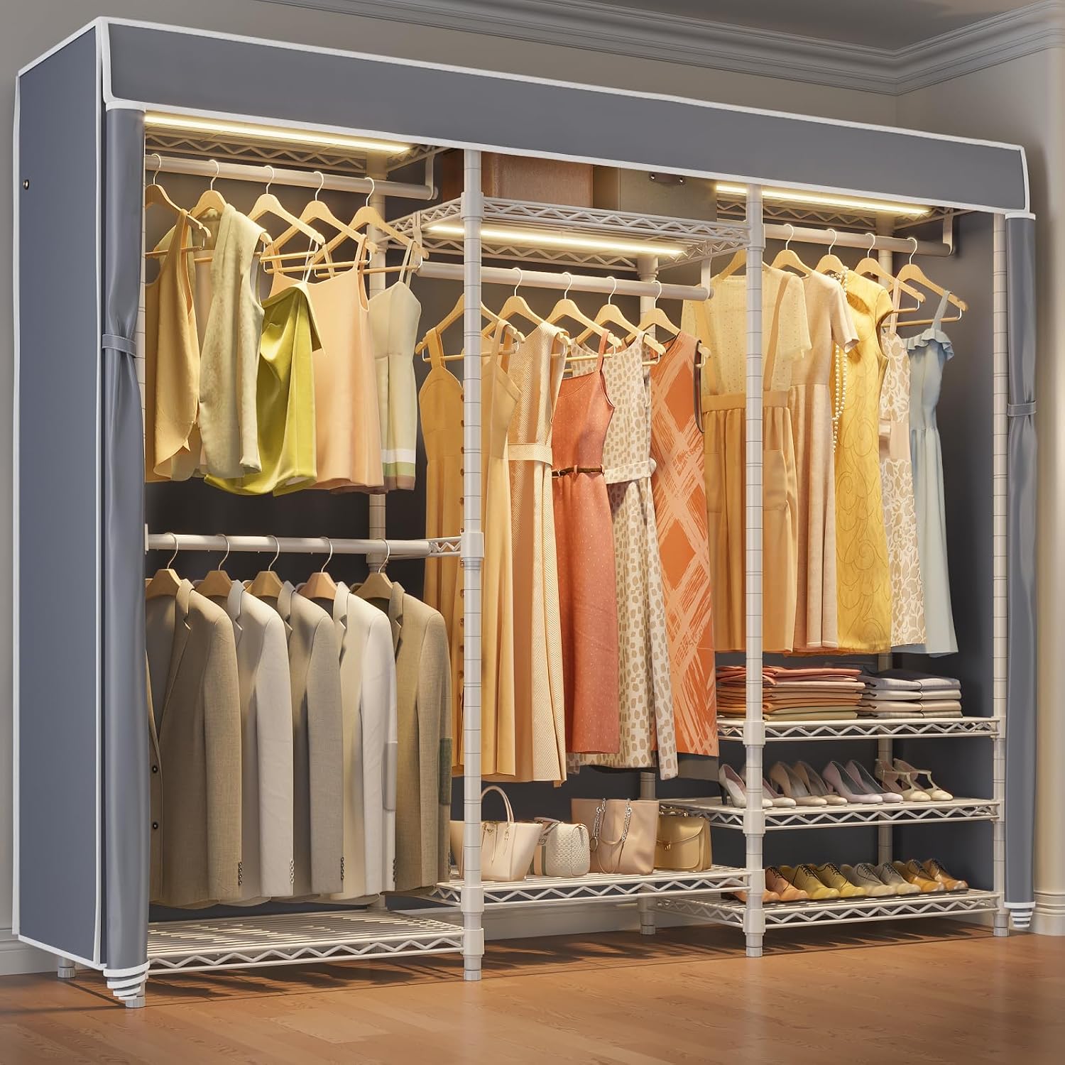 VIPEK V5LC Garment Rack Heavy Duty Covered with Dimmable LED Lights, 3000K Warm White, Portable Closet Wardrobe Freestanding for Hanging Clothes, with Grey Cover