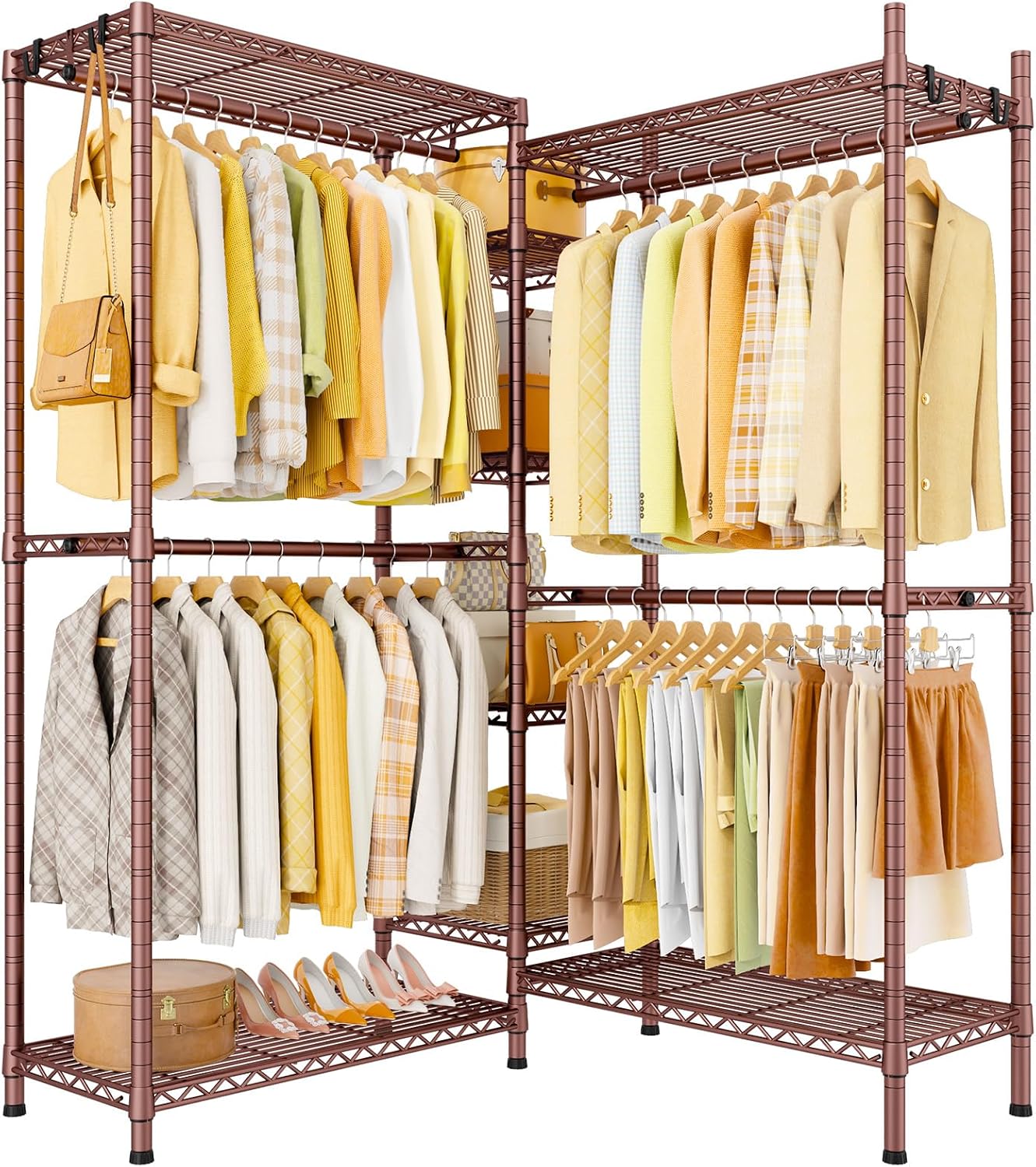 Ulif E4L L-shaped Clothes Rack, Heavy-Duty Garment Rack, Metal Freestanding Clothing Organization Storage System with Shelves and Hangers, Max Load 962lbs, 42.7' W x 42.7' D x 79.3' H, Bronze