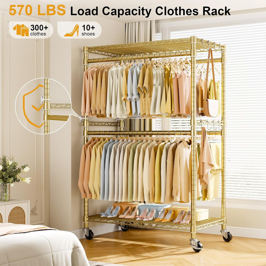 ULIFHOME P4 Plus Rolling Clothes Rack Heavy Duty, Clothing Racks for Hanging Clothes, Free Standing Garment Racks with Wheels, Portable Closet Rack 45'' W × 20.5'' D × 80.5'' H, Max Load 570 Lbs, Gold