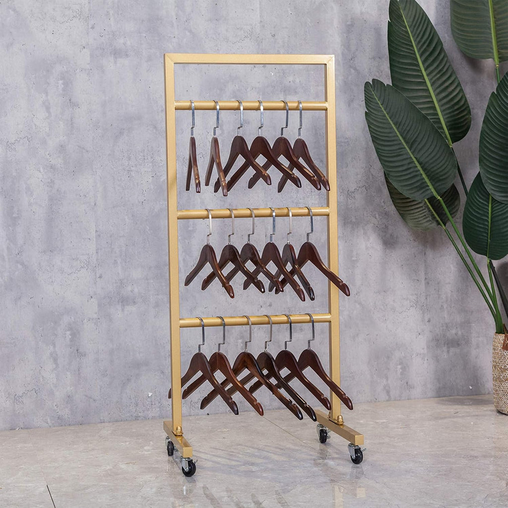 Simple Modern Heavy Duty Metal Rolling Hanger Storage Rack with Wheel,Retail Display Floor-Standing Towel Pants Scarf Organizer Shelves (Gold, 3 Tier)