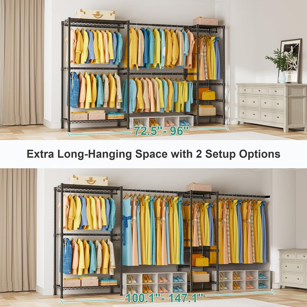 SEMHOR E01 Expandable Heavy Duty Clothes Rack, Free Standing Closet System Organizer, Adjustable Portable Carbon Steel Garment & Clothing Racks for Hanging Clothes (72.5-96'), 800LBS Max Load, Black