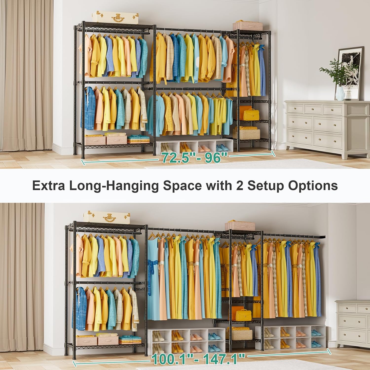 SEMHOR E01 Expandable Heavy Duty Clothes Rack, Free Standing Closet System Organizer, Adjustable Portable Carbon Steel Garment & Clothing Racks for Hanging Clothes (72.5-96'), 800LBS Max Load, Black
