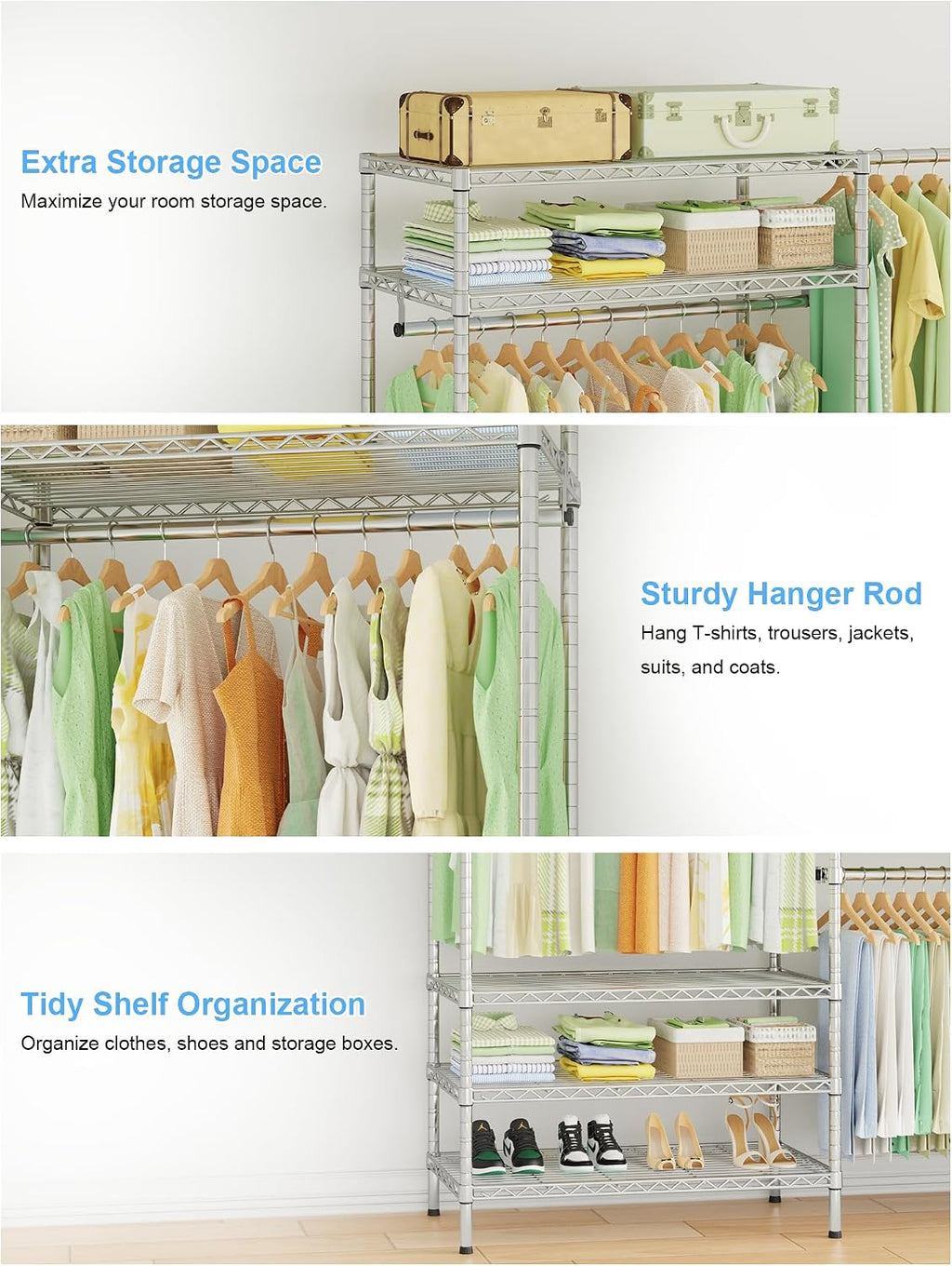 Ulif E11 Heavy-Duty Garment Rack, Metal Freestanding Clothes Rack and Closet Storage Organizer System with 8 Shelves and 4 Hanger Rods, (73.2-97.6)' W x 14.5' D x 71.2' H, Load 1034 LBS, Chrome