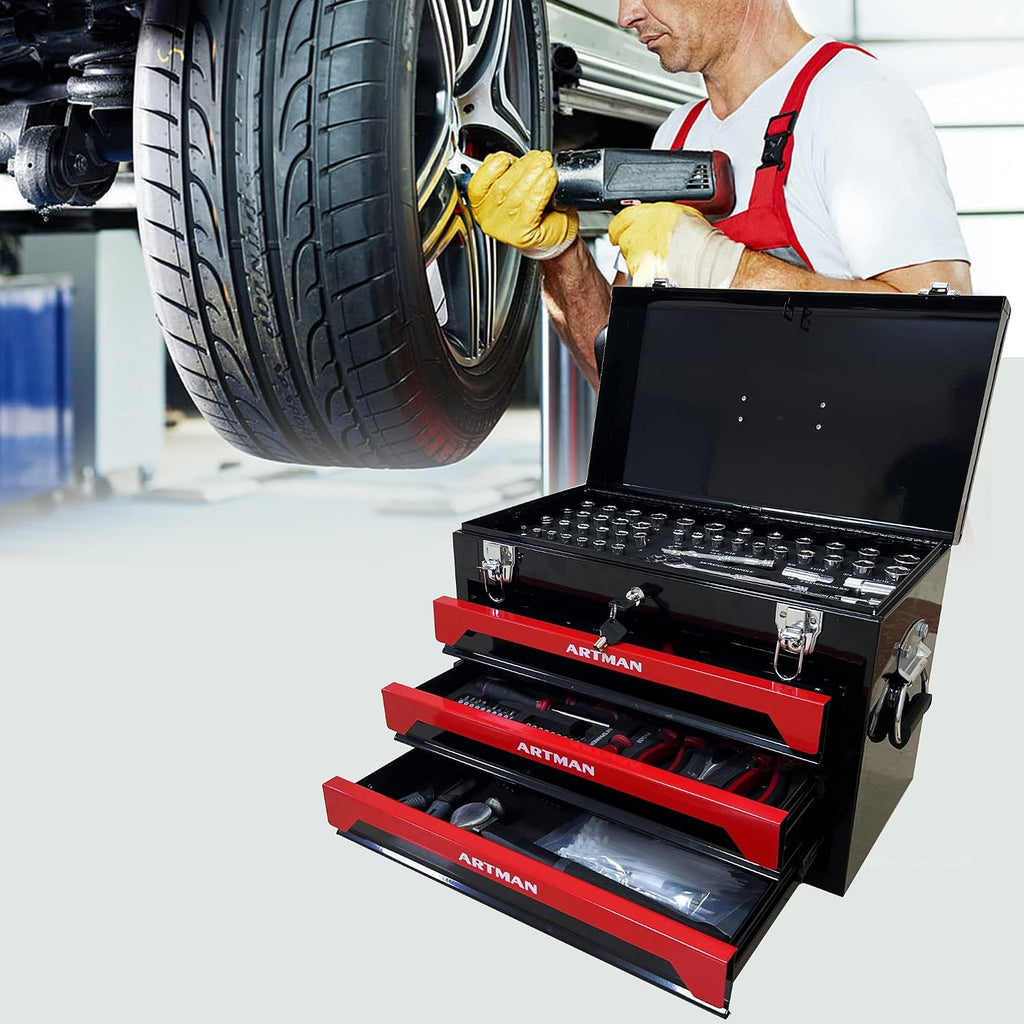 RYH 20' Portable 3-Drawer Steel Toolbox with Lock - Heavy Duty Tool Box Set for Mechanics, Electricians & Home Improvement | Includes Socket Wrench, Pliers, | Gift for Men, Handymen (Black+red)
