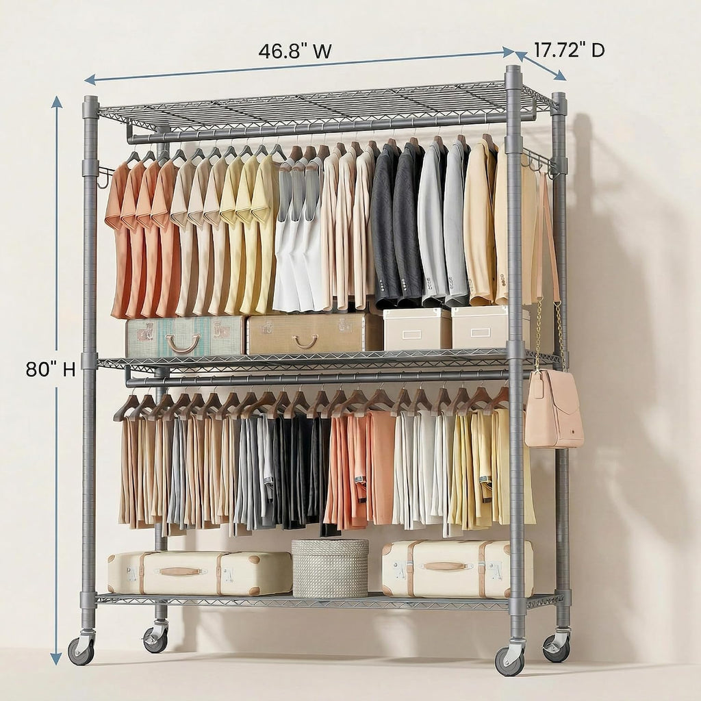Homdox Rolling Clothes Rack Heavy Duty, 3-Tier Adjustable Wire Shelving Garment Organizer with Double Rods & Hooks, Portable Clothes Rack with Wheels, 17.72' D x 47.24' W x 80.71' H, Grey