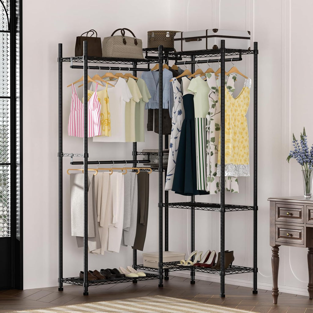 Garment Rack Heavy Duty Clothes Rack Adjustable Freestanding Metal Portable Wardrobe Closet Rack with Shelves for Hanging Clothes - 72' L x 14' W x 75' H, Black