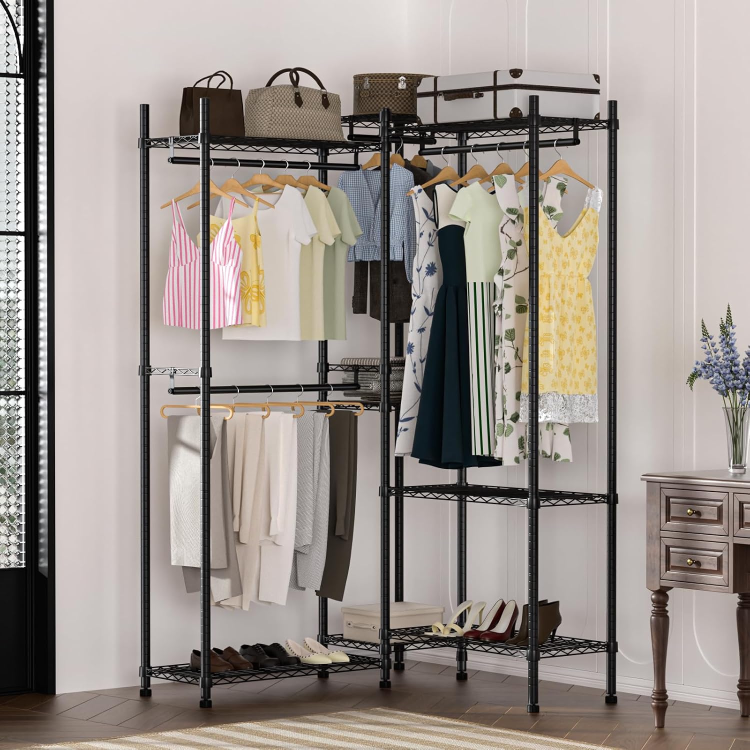 Garment Rack Heavy Duty Clothes Rack Adjustable Freestanding Metal Portable Wardrobe Closet Rack with Shelves for Hanging Clothes - 72' L x 14' W x 75' H, Black