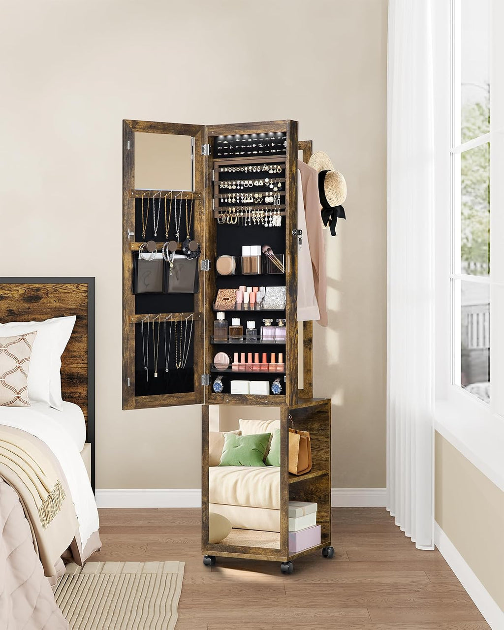 Hzuaneri 8 LEDs Jewelry Cabinet Armoire, 66.9-inch Jewelry Organizer with Garment Rack, Lockable Full-length Mirror with 4 Wheels, Storage Shelves with Hooks, 5-in-1, Toasted Oak JC17007B