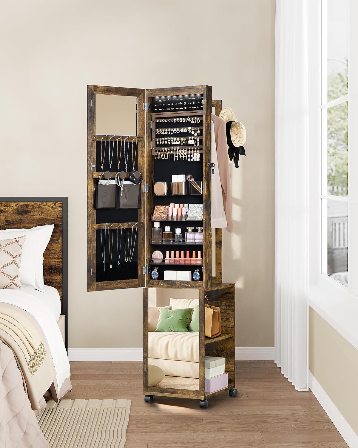 Hzuaneri 8 LEDs Jewelry Cabinet Armoire, 66.9-inch Jewelry Organizer with Garment Rack, Lockable Full-length Mirror with 4 Wheels, Storage Shelves with Hooks, 5-in-1, Toasted Oak JC17007B