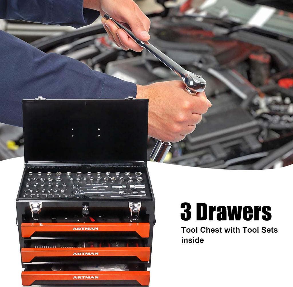 RYH 20' Portable 3-Drawer Steel Toolbox with Lock - Heavy Duty Tool Box Set for Mechanics, Electricians & Home Improvement | Includes Socket Wrench, Pliers, | Gift for Men, Handymen(Black+orange)