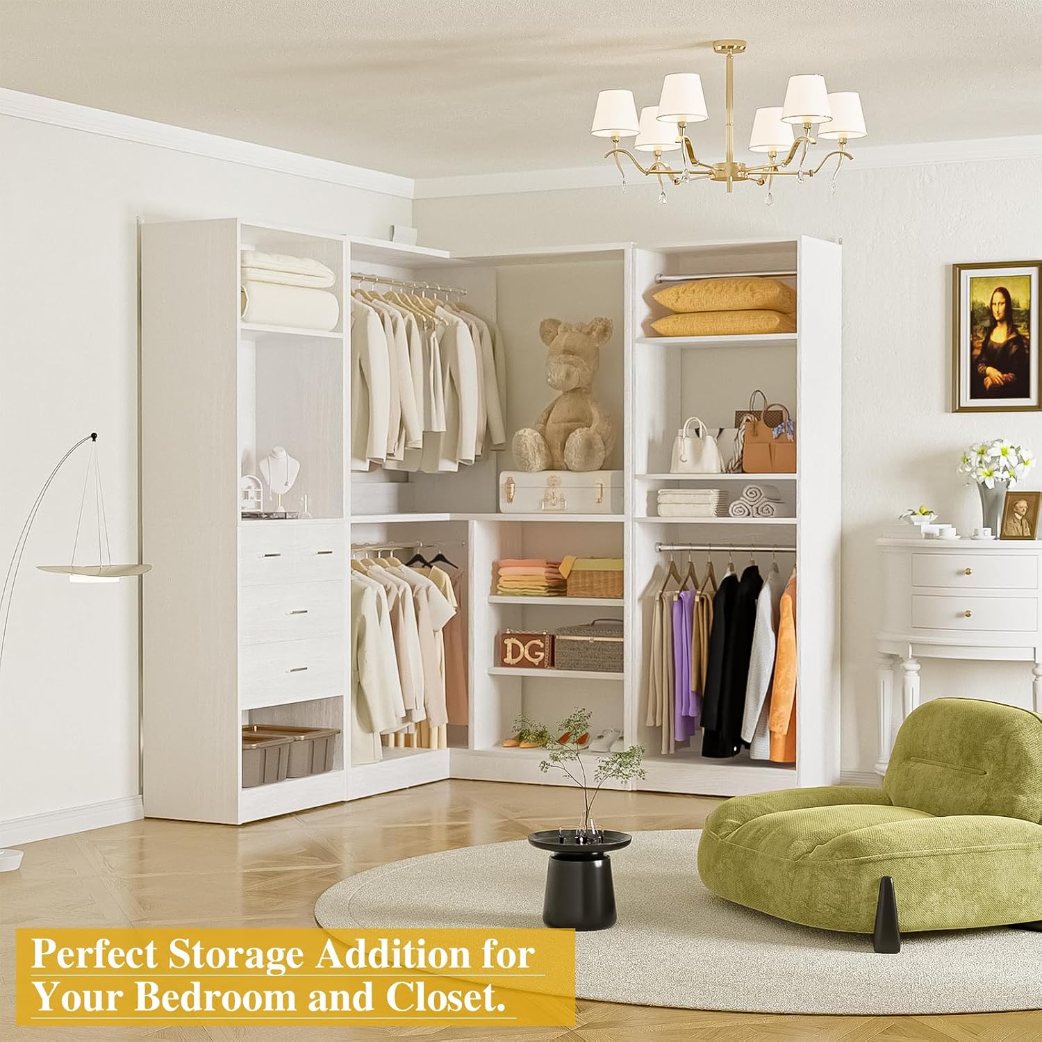 Unikito 86' Closet System, Large Corner Closets Organizer with Hanging Rods and Mirror Design, Freestanding Adjustable Wood Clothes Garment Rack with Drawers, Sturdy Walk in Closet Tower, White