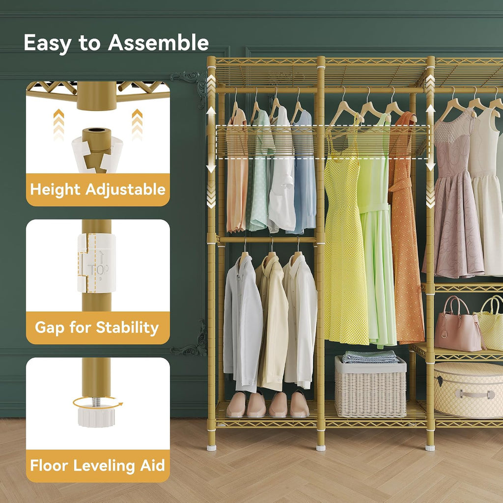 Higeego H5 Large Wire Garment Rack, Heavy Duty Clothes Racks, Wardrobe Closet Rack for Hanging Clothes, Freestanding Clothing Racks with Adjustable Shelf, 93.3' Wx15.7 Dx75.4 H, Gold, Load 1400 lbs