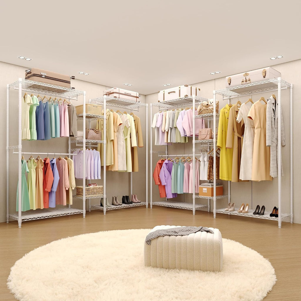 1630 LBS Heavy Duty Clothes Rack with Adjustable Shelves, 5 Tiers L-Shaped Freestanding Closet Organizer and Storage for Hanging Clothes, 85.4' W x 17.4' D x 70.5' H