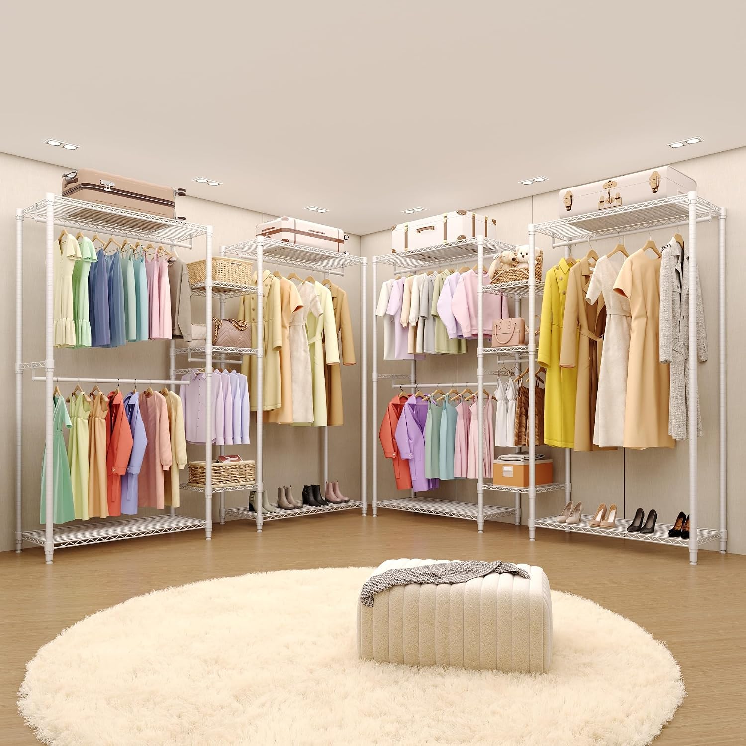 1630 LBS Heavy Duty Clothes Rack with Adjustable Shelves, 5 Tiers L-Shaped Freestanding Closet Organizer and Storage for Hanging Clothes, 85.4' W x 17.4' D x 70.5' H