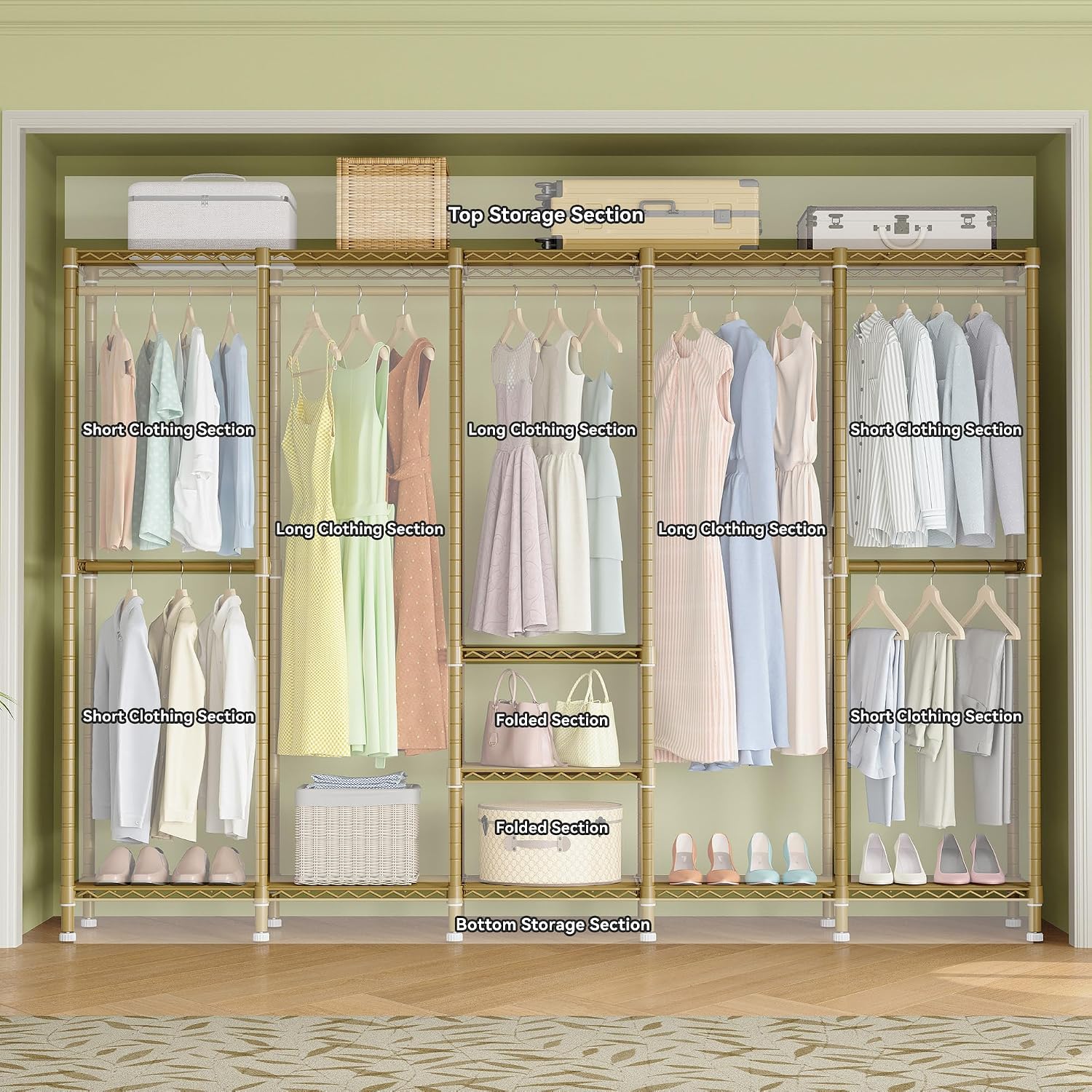 Higeego H5 Large Wire Garment Rack, Heavy Duty Clothes Racks, Wardrobe Closet Rack for Hanging Clothes, Freestanding Clothing Racks with Adjustable Shelf, 93.3' Wx15.7 Dx75.4 H, Gold, Load 1400 lbs