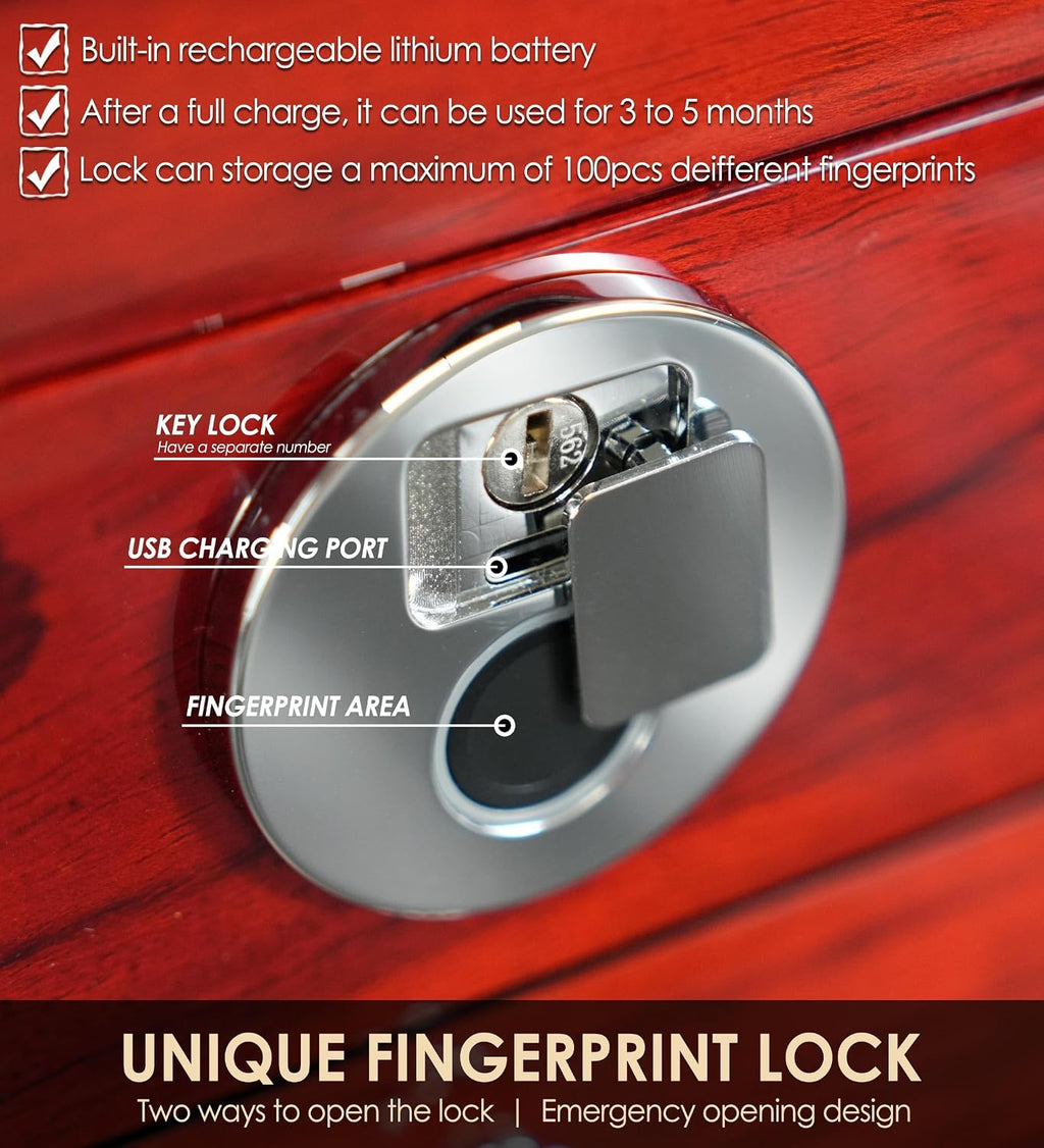 Jewelry Box Wood Jewel Organizer with Fingerprint Lock Safe, 7-Layer Large Locking Jewelry Storage Box with Necklace Hanger for Women Mens Gift (5L-RS)
