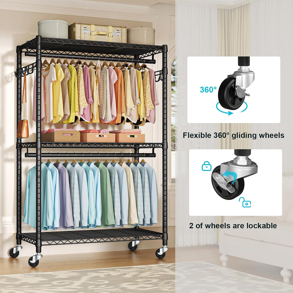 FUTASSI P1 Plus Rolling Clothes Rack, 22mm Diameter Heavy Duty Garment Rack with Wheels, Portable Closet Wardrobe with Double Rods, 45' W x 17.7' D x 80.5' H, Max Load 524 LBS, Black