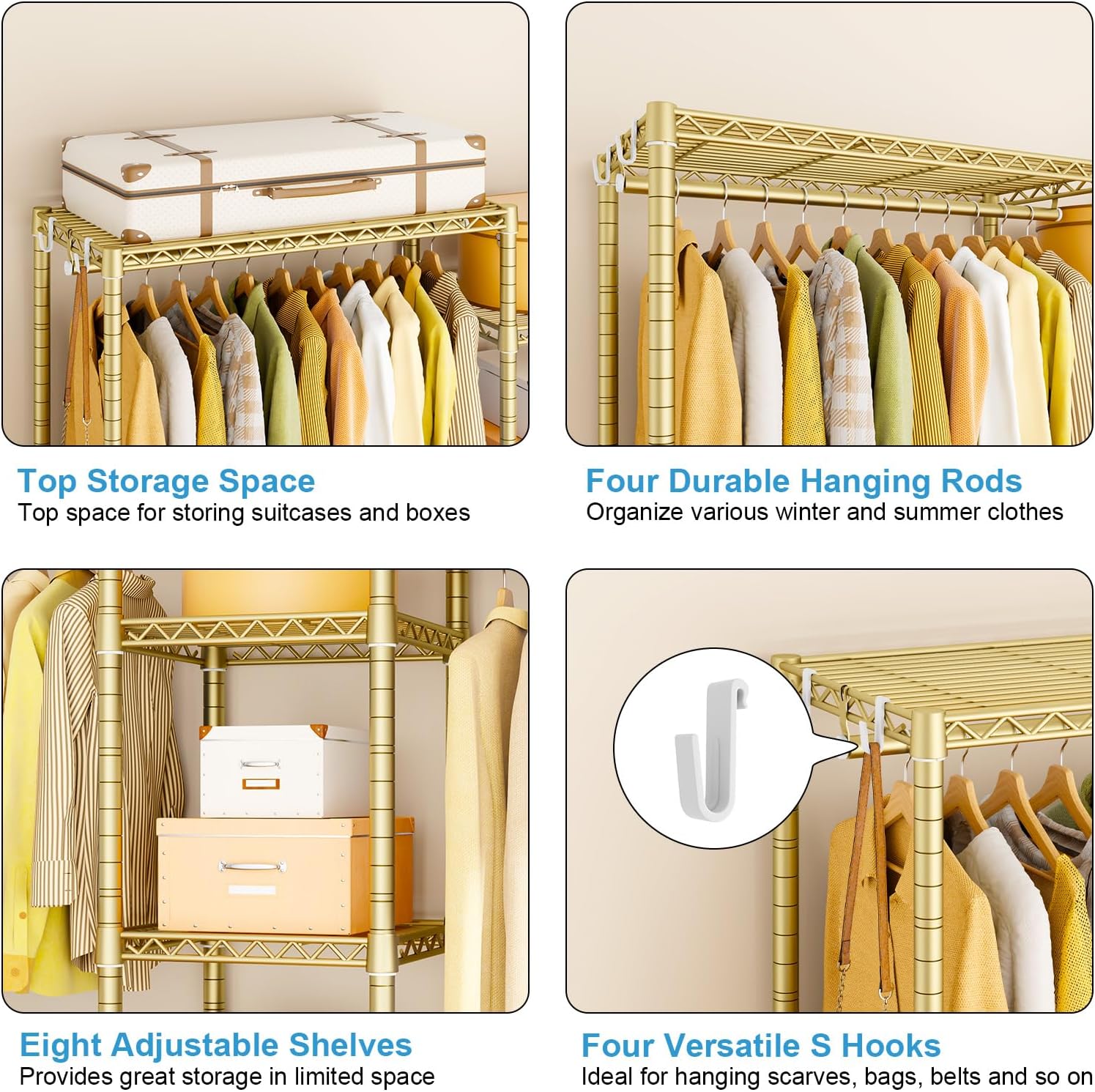Ulif E4L Corner Clothes Rack, L Shaped Garment Rack, Heavy-Duty Freestanding Closet System with Shelves and Hangers, Max Load 962lbs, 42.7' W x 42.7' D x 79.3' H, Gold