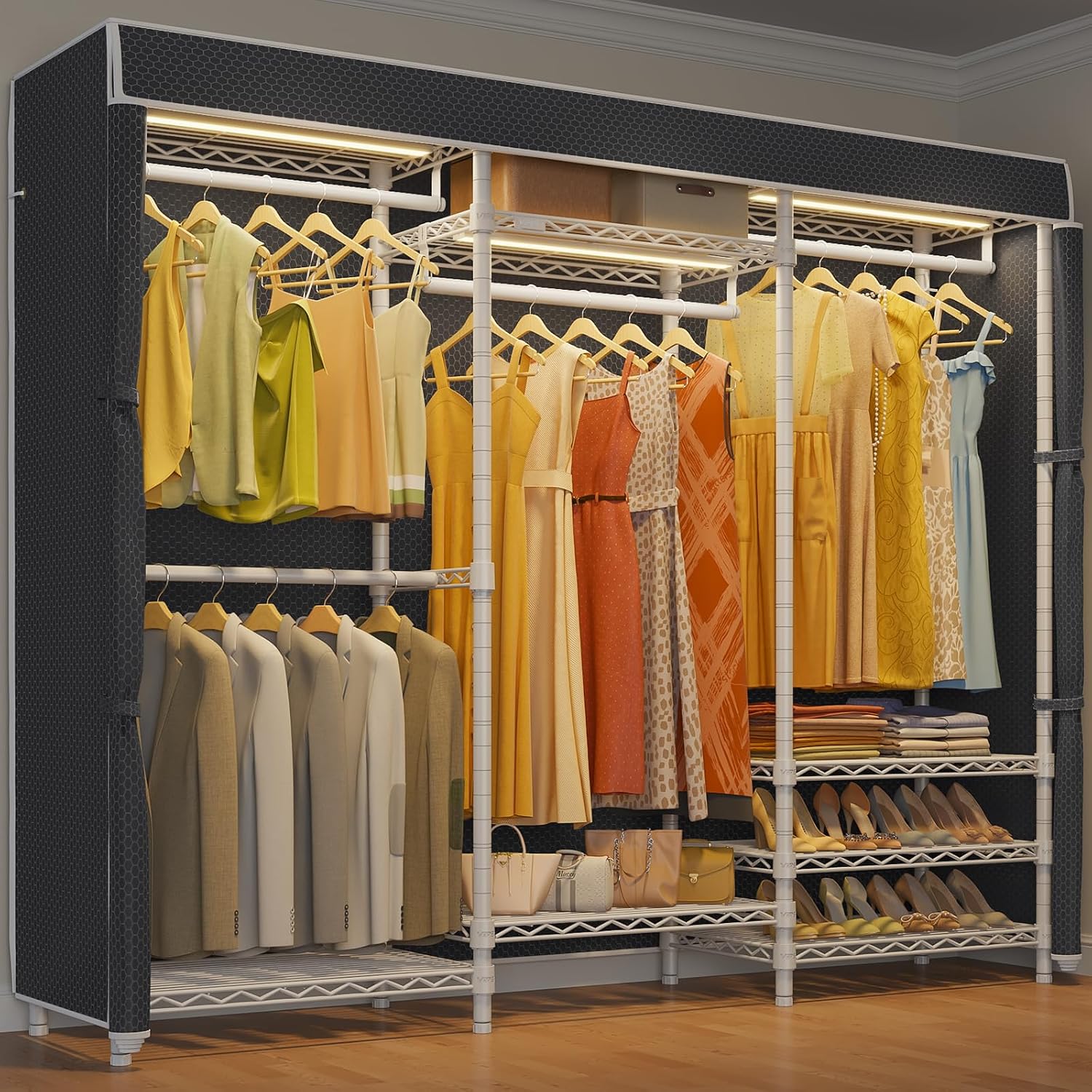 VIPEK V5LC Garment Rack Heavy Duty Covered with Dimmable LED Light, 3000K Warm White, Portable Closet Wardrobe Freestanding for Hanging Clothes, with Black Cover