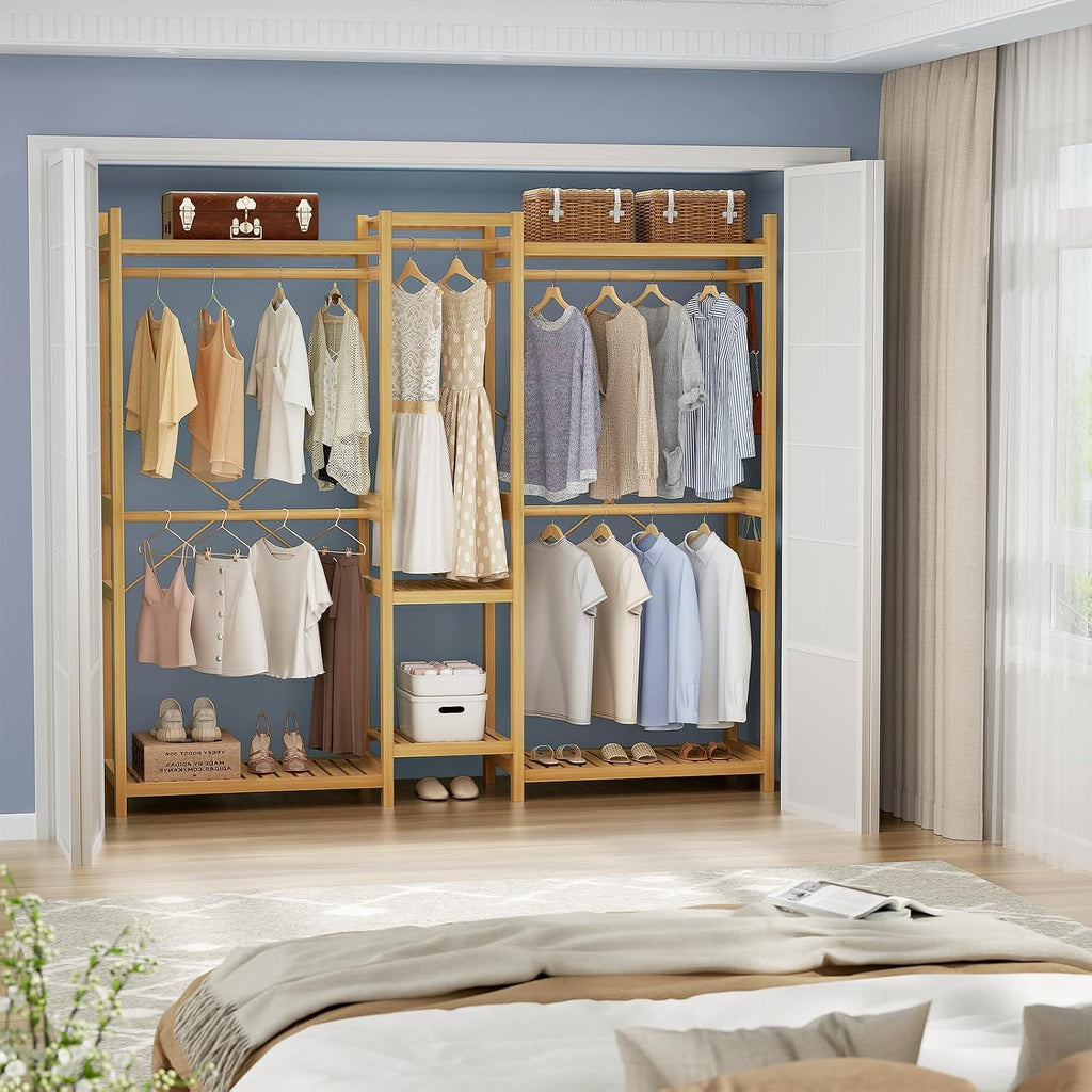 Homykic Bamboo Closet System, Large Clothing Rack for Hanging Clothes, Freestanding Clothes Rack with 7 Shelves & 5 Hanging Rods, Open Wardrobe Closet Organizer Garment Rack with 4 Hooks