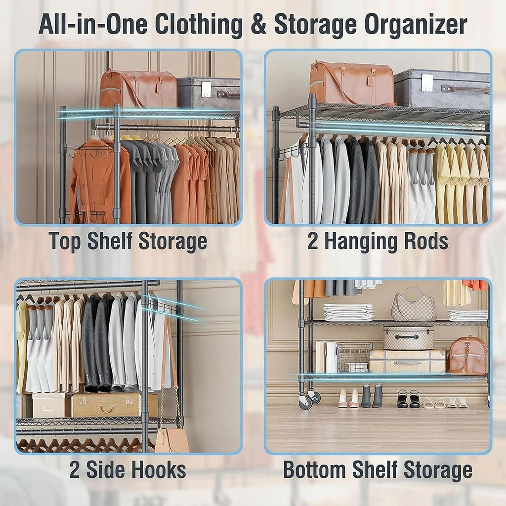 Homdox Rolling Clothes Rack Heavy Duty, 3-Tier Adjustable Wire Shelving Garment Organizer with Double Rods & Hooks, Portable Clothes Rack with Wheels, 17.72' D x 47.24' W x 80.71' H, Grey