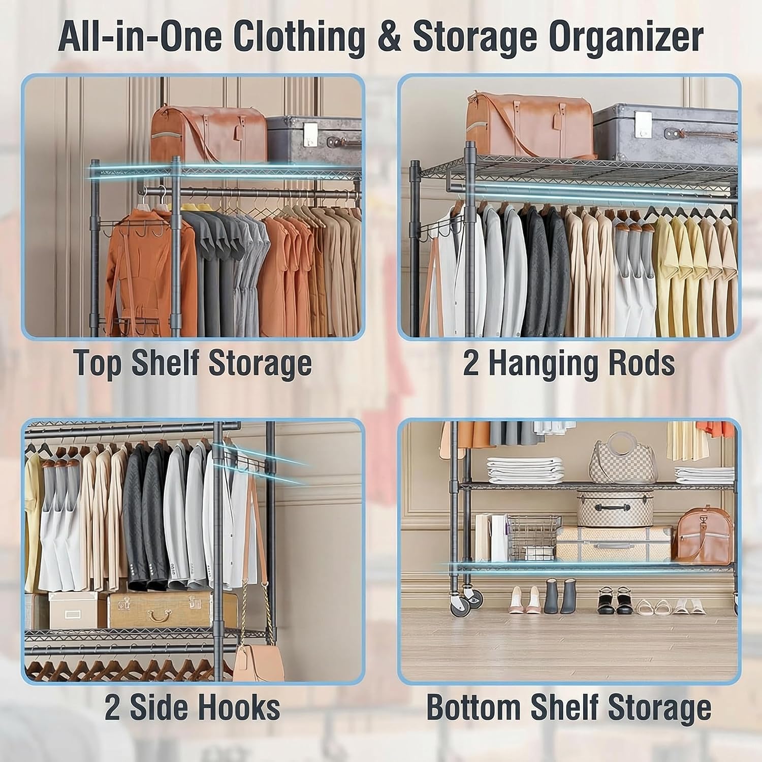 Homdox Rolling Clothes Rack Heavy Duty, 3-Tier Adjustable Wire Shelving Garment Organizer with Double Rods & Hooks, Portable Clothes Rack with Wheels, 17.72' D x 47.24' W x 80.71' H, Grey