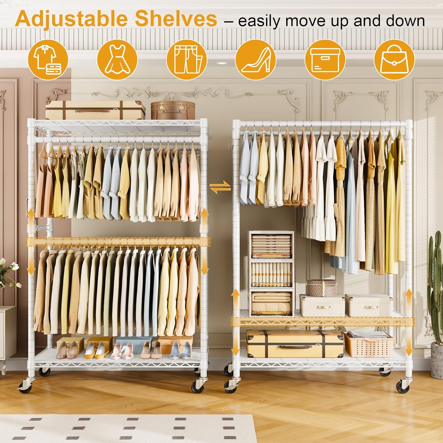 ULIFHOME P4 Plus Rolling Clothes Rack Heavy Duty, Clothing Racks for Hanging Clothes, Free Standing Garment Racks with Wheels, Portable Closet Rack 45''W × 20.5''D × 80.5''H, Max Load 570 Lbs, White