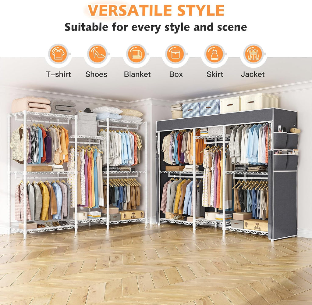 Raybee Clothing Rack with Cover Heavy Duty Clothes Rack with Shelves,Portable, Adjustable,Metal,Max Load 900lbs,White