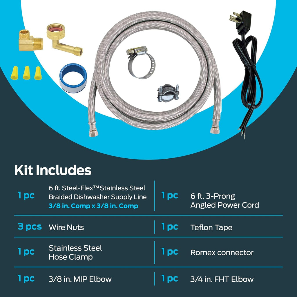 Eastman 6 Ft. Dishwasher Installation Kit, Braided Stainless Steel Supply Line with 3/8 Inch Compression Ends, 3-Prong Straight Power Cord, 41150 (Pack of 12)
