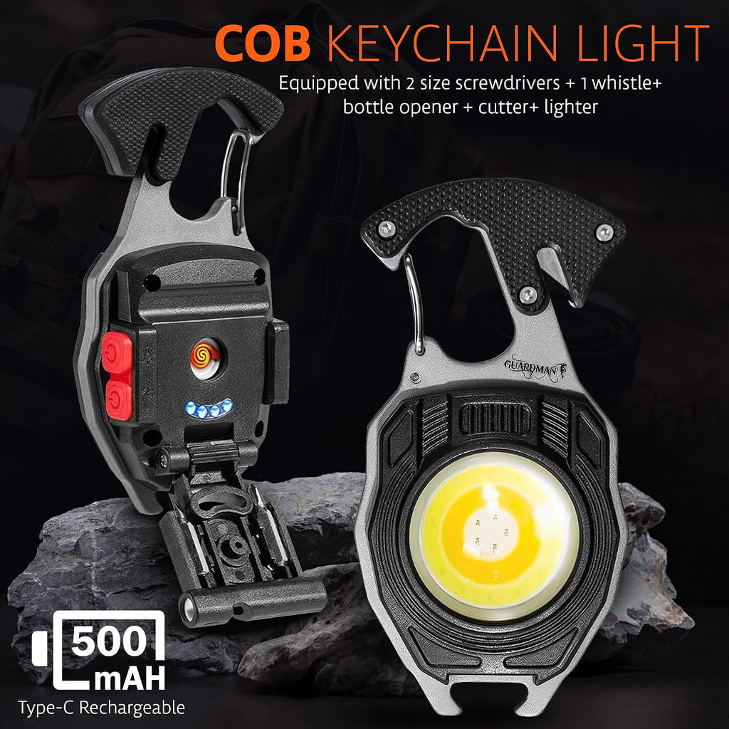 GUARDMAN Fathers Day Gift for Dad – Multitool Survival keychain Tool, LED Flashlight, Carabiner, Fire Starter, Screwdriver, Whistle, Bottle Opener – Camping & Outdoor Multi Tool Gear - 50 Pack