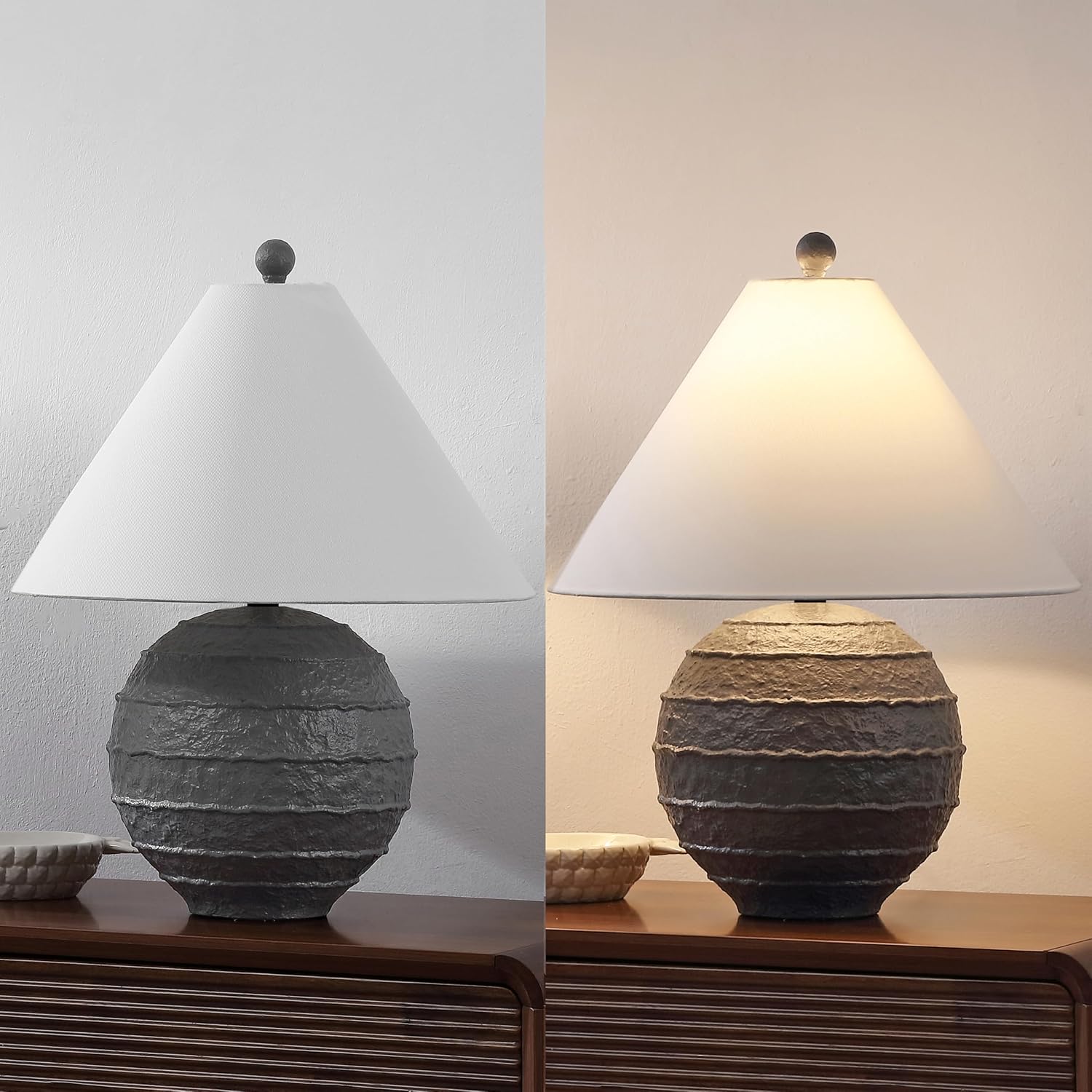 JONATHAN Y 21' Gray Coastal Cottage Textured Resin Table Lamp Set of 2, Farmhouse Ridged Nightstand Lamps for Living Room Bedroom, White Linen Shade, LED Bulbs (JYL9205B-SET2)