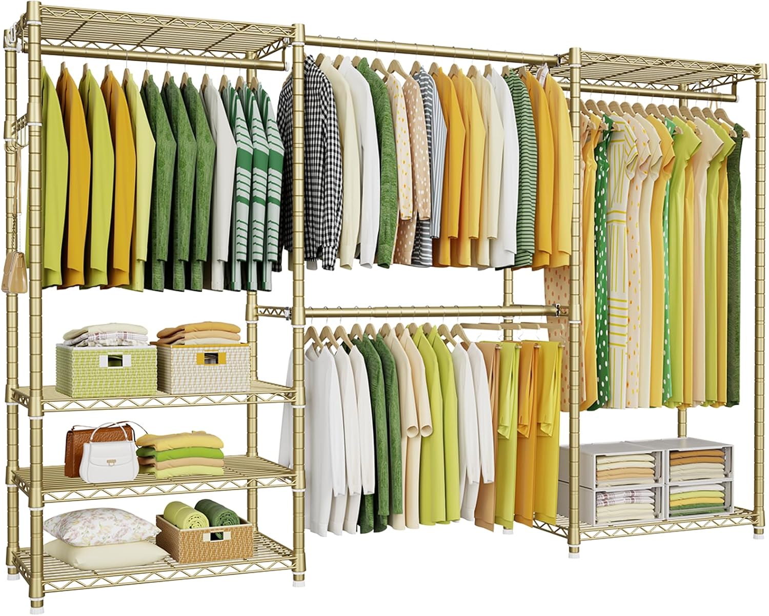 Ulif E1 Heavy Duty Closet Garment Rack, 6 Tiers Adjustable Metal Freestanding Expandable Clothing Storage with 4 Hanger Rods, Easy to Assemble Wardrobe, 71.4' H x (70' - 88.2') L x 14' D, Gold