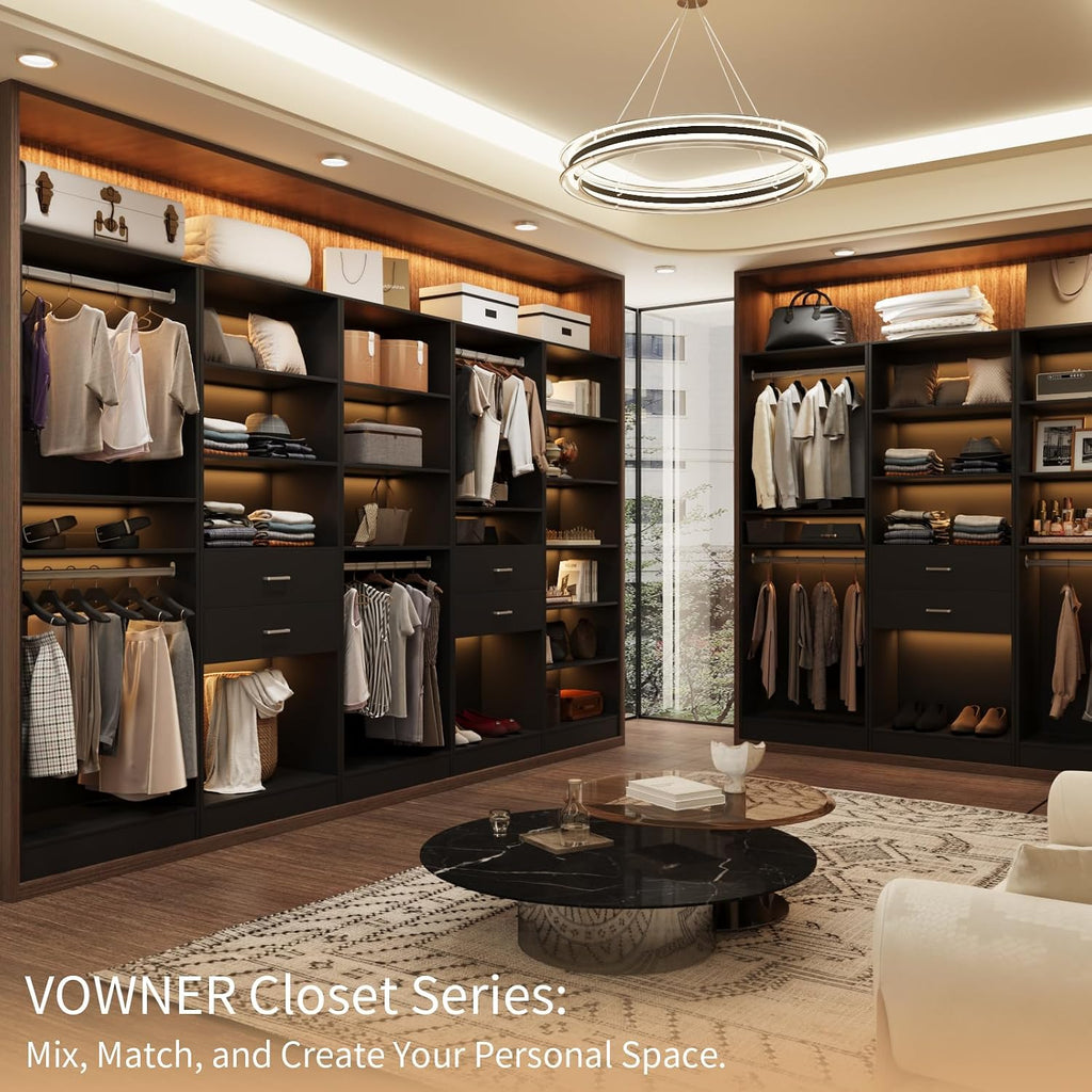 VOWNER Freestanding Closet System with 5 Adjustable Shelves, Wood Closet Organizer System, Walk-in Closet, Clothes Garment Rack, Adjustable Shelving Unit, Wardrobe Closet Bedroom Entryway