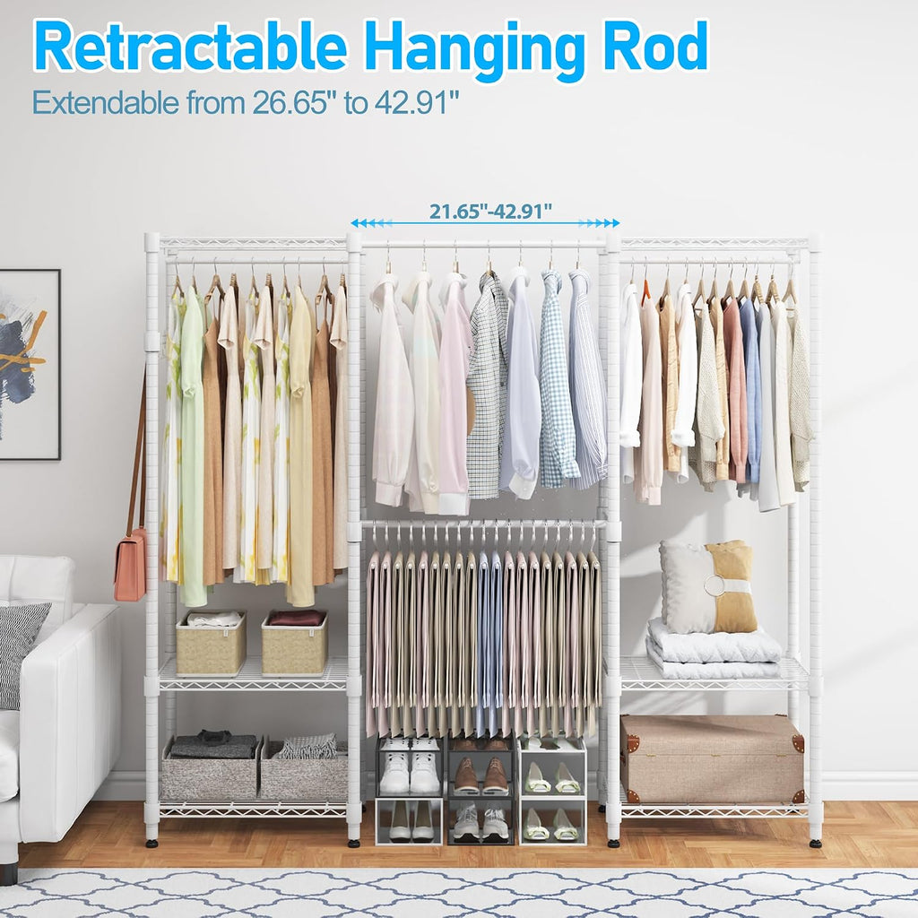 Homdox Heavy Duty Garment Rack with Extendable Hanging Rods, Adjustable Metal Clothing Rack for Hanging Clothes, Freestanding Closet Wardrobe Clothes Rack with Wire Storage Shelves, White
